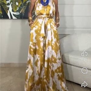 Sexy Sleeveless Holter  Silk Halter Jumpsuit in Mustard and White Size S